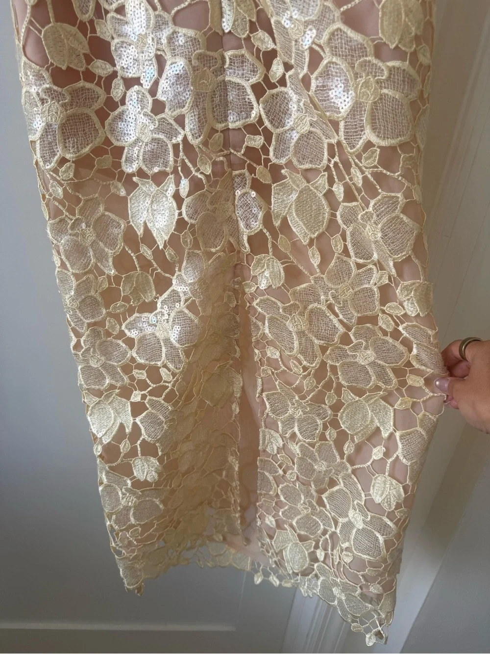 Retrofete Yellow Lace Midi Dress with Nude Slip
